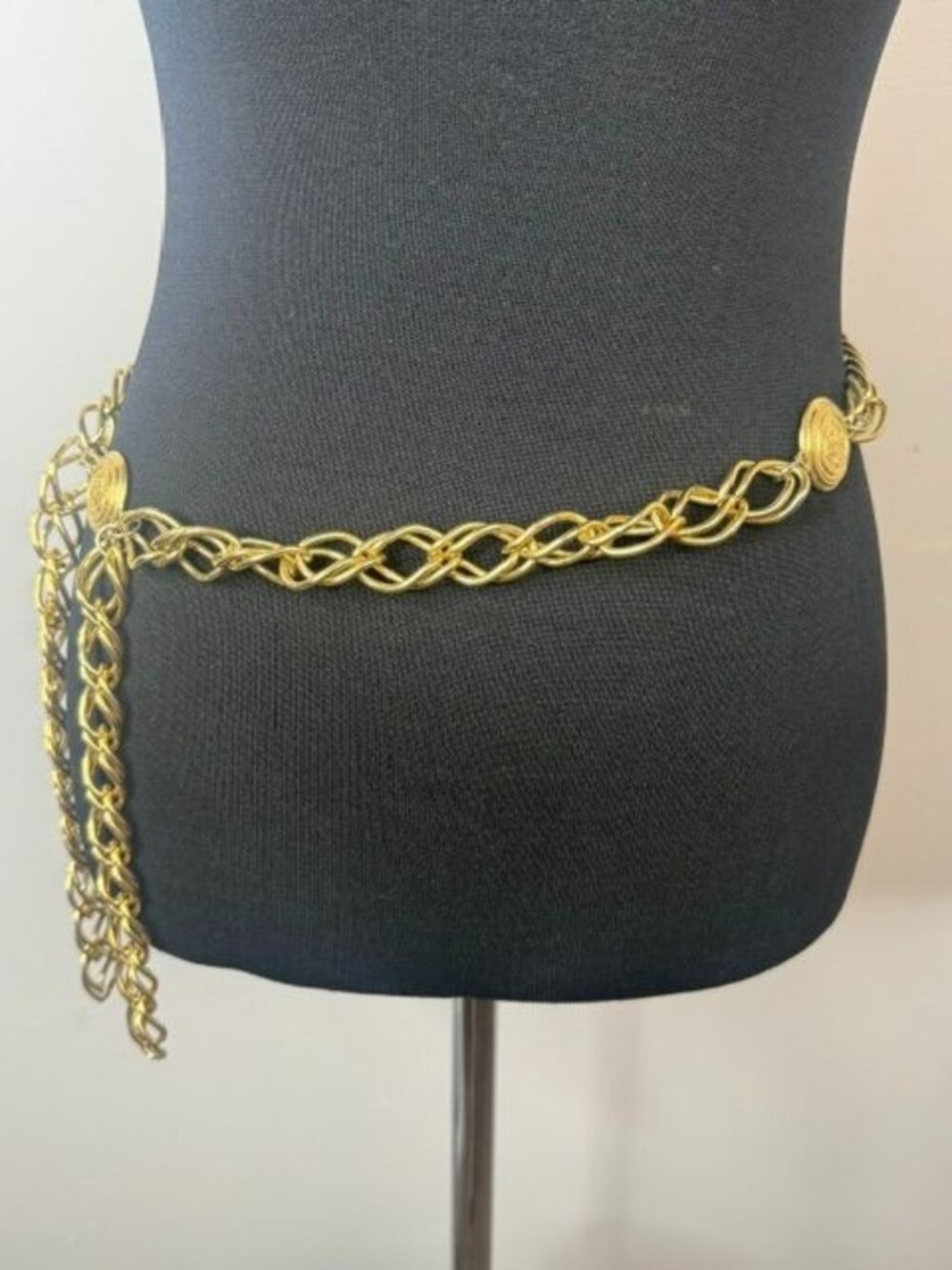Vintage Gold Tone Linked Medallion Metal Belt Hook and Loop Buckle